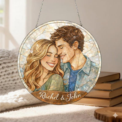 Personalized Couple Portrait Suncatcher with Names, Stained Glass Style Romantic Window Hanging, Custom Anniversary Wedding Gift