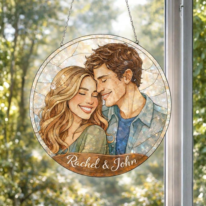 Personalized Couple Portrait Suncatcher with Names, Stained Glass Style Romantic Window Hanging, Custom Anniversary Wedding Gift
