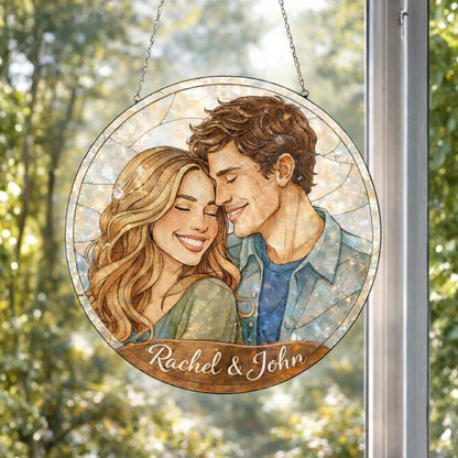 Personalized Couple Portrait Suncatcher with Names, Stained Glass Style Romantic Window Hanging, Custom Anniversary Wedding Gift