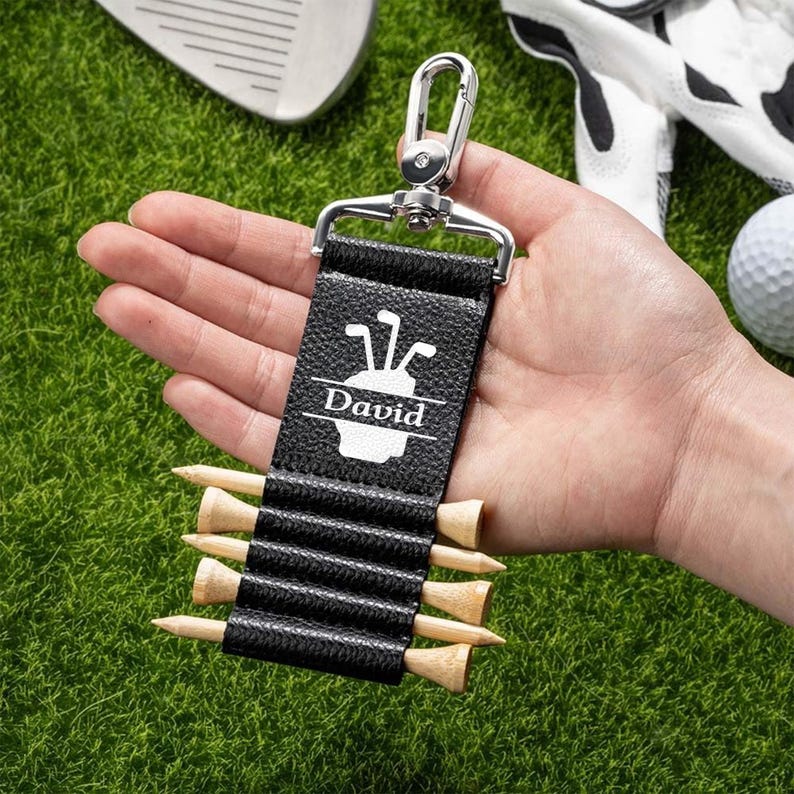 Personalized Golf Theme Monogram Initial PU Leather Golf Tee Holder Bag Tag with Name and 5 Pcs Bamboo Tees Birthday Gift for Golf Player
