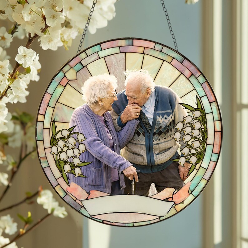 Stained Glass Custom Photo Suncatcher Couple Gift, Wedding Anniversary, Couple Potrait Window Decor Gift For Husband Wife, Grandparents Gift