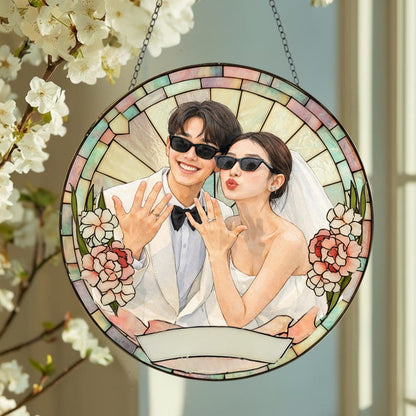 Stained Glass Custom Photo Suncatcher Couple Gift, Wedding Anniversary, Couple Potrait Window Decor Gift For Husband Wife, Grandparents Gift