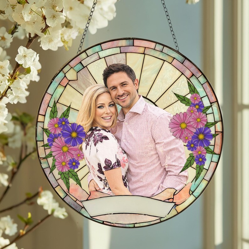 Stained Glass Custom Photo Suncatcher Couple Gift, Wedding Anniversary, Couple Potrait Window Decor Gift For Husband Wife, Grandparents Gift