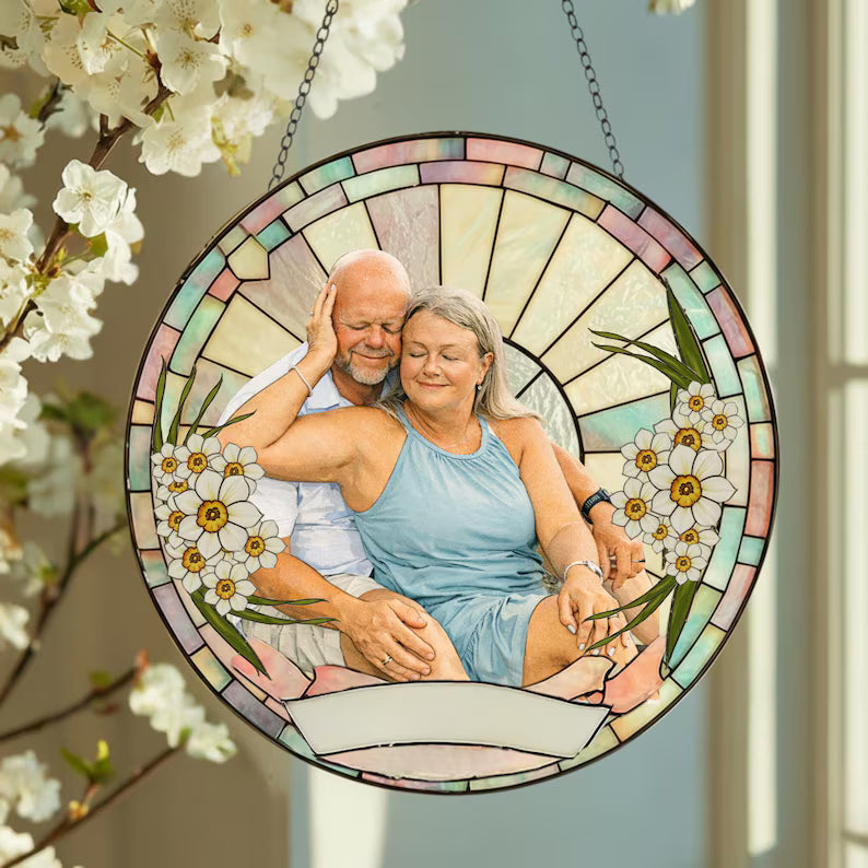 Stained Glass Custom Photo Suncatcher Couple Gift, Wedding Anniversary, Couple Potrait Window Decor Gift For Husband Wife, Grandparents Gift