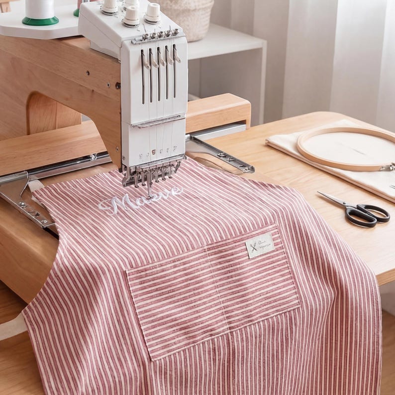 Personalized Apron for women, Custom Striped Apron With Pockets, Embroidered Adult Baking Apron with Adjustable Straps, Gift for Her