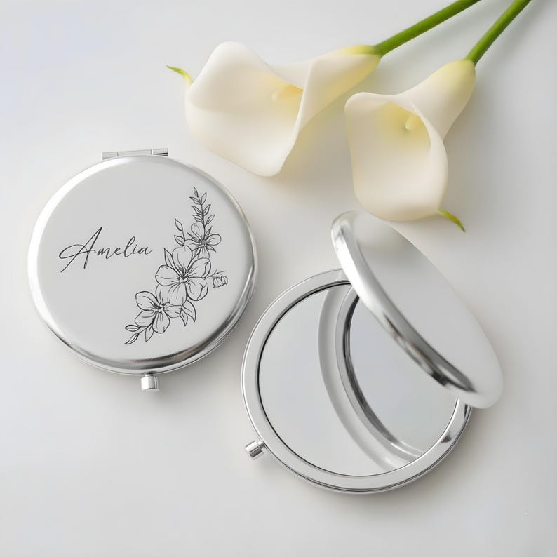 Custom Engraved Compact Travel Makeup Mirror ¨C Personalized Pocket Mirror with Name or Birth Flower Bridesmaid Proposal - Wedding Party Gift