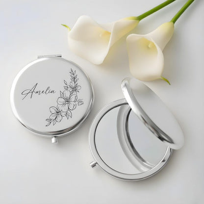 Custom Engraved Compact Travel Makeup Mirror ¨C Personalized Pocket Mirror with Name or Birth Flower Bridesmaid Proposal - Wedding Party Gift