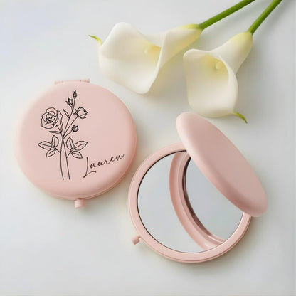 Custom Engraved Compact Travel Makeup Mirror ¨C Personalized Pocket Mirror with Name or Birth Flower Bridesmaid Proposal - Wedding Party Gift