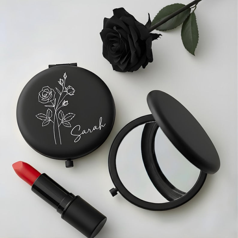 Custom Engraved Compact Travel Makeup Mirror ¨C Personalized Pocket Mirror with Name or Birth Flower Bridesmaid Proposal - Wedding Party Gift