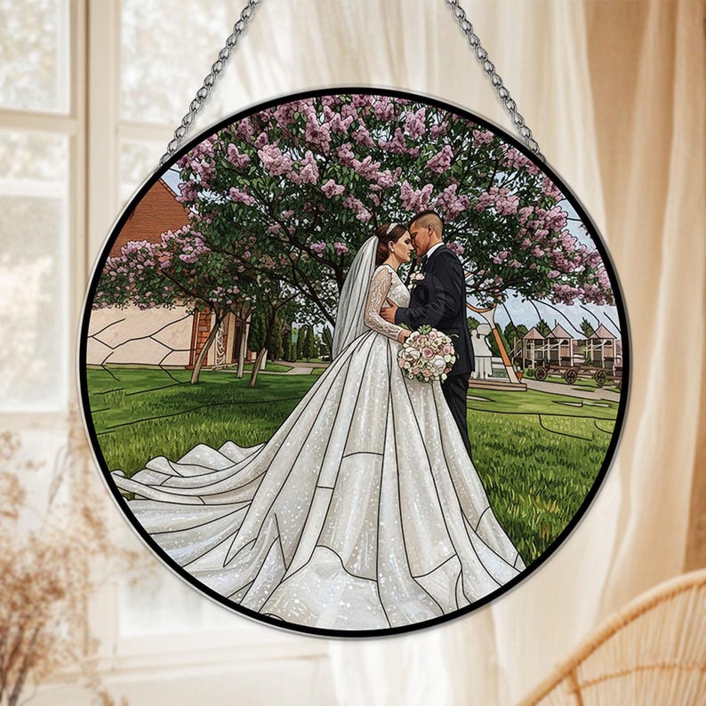 Personalized Couple Photo Stained Glass Suncatcher Wedding Portrait Window Hanging Gift