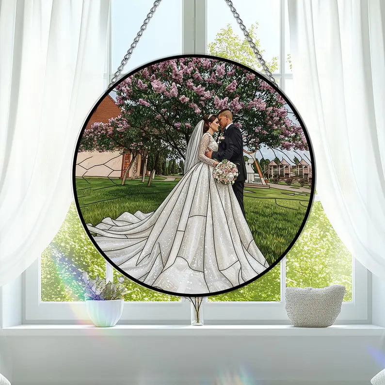 Personalized Couple Photo Stained Glass Suncatcher Wedding Portrait Window Hanging Gift
