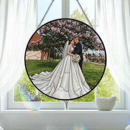 Personalized Couple Photo Stained Glass Suncatcher Wedding Portrait Window Hanging Gift