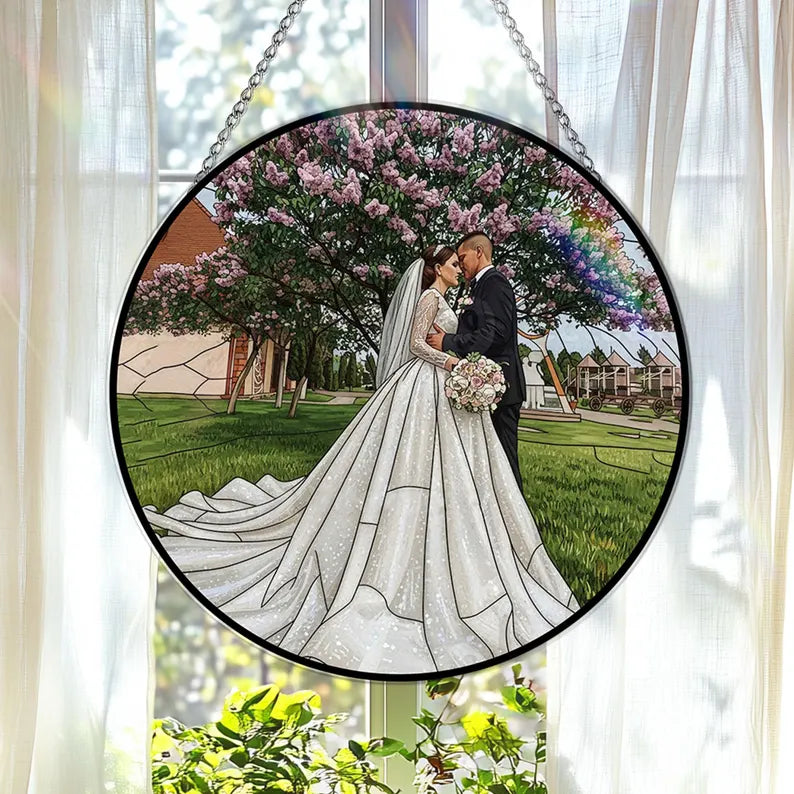 Personalized Couple Photo Stained Glass Suncatcher Wedding Portrait Window Hanging Gift