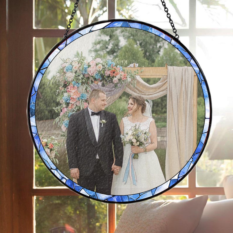 Custom Photo Stained Glass Suncatcher: Couple Portrait Window Decor, Valentine Gift, Anniversary Gift for Husband Wife