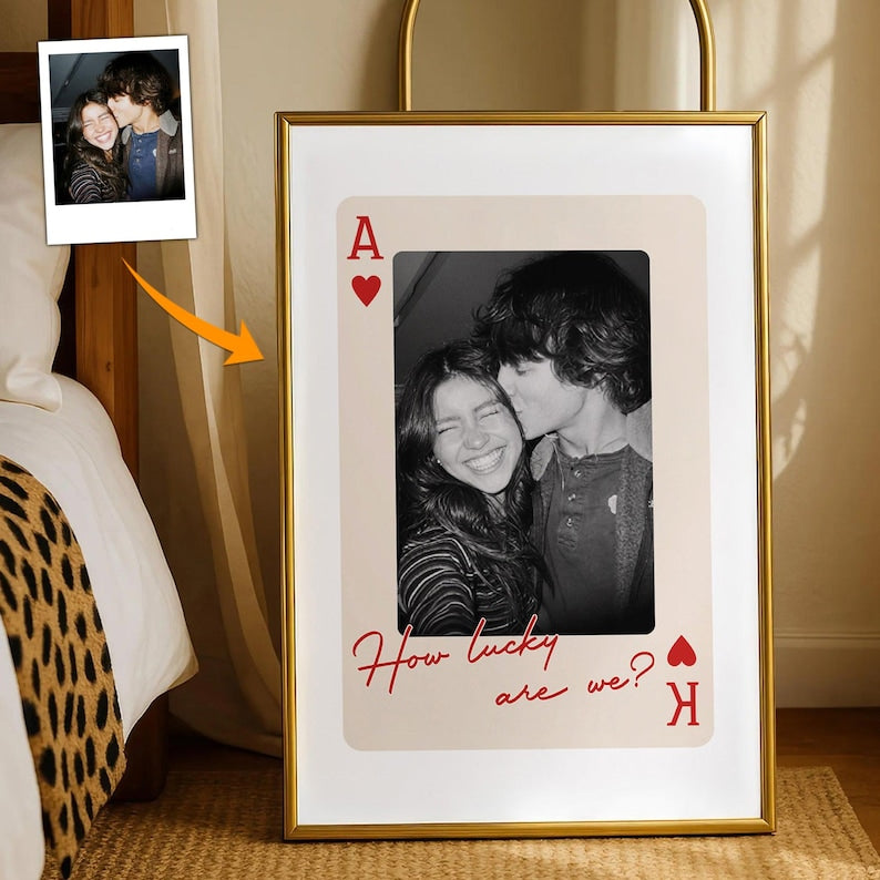 Personalized Couple Photo Poster, King And Queen Custom Portrait How Luck We Are, Unique Wedding Gift For Him Her, Valentine Keepsake Gift
