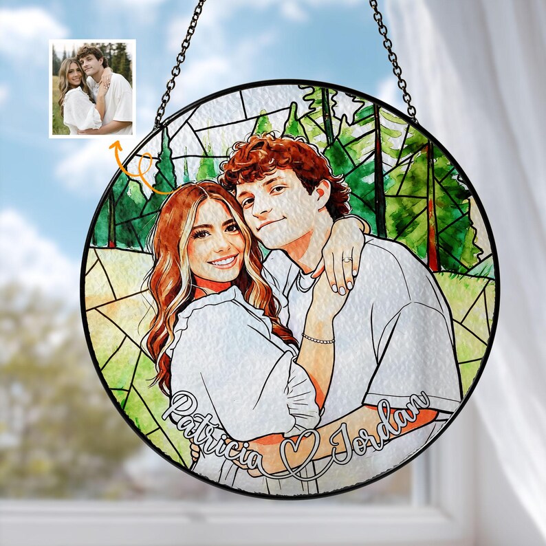 Personalized Couple Portrait Glass Ornament, Custom Couple Photo Suncatcher Window Hanging, Anniversary Gift, Valentine Couple, Wedding Gift