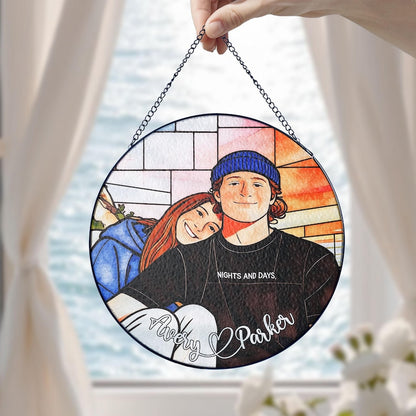 Personalized Couple Portrait Glass Ornament, Custom Couple Photo Suncatcher Window Hanging, Anniversary Gift, Valentine Couple, Wedding Gift