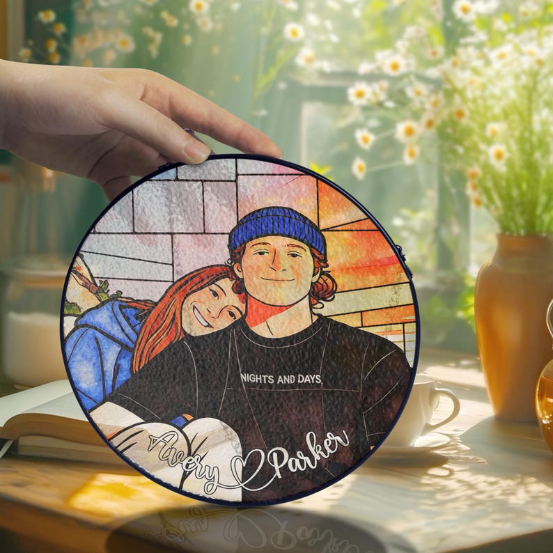 Personalized Couple Portrait Glass Ornament, Custom Couple Photo Suncatcher Window Hanging, Anniversary Gift, Valentine Couple, Wedding Gift