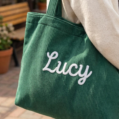 Personalized Corduroy Tote Bag, Custom Embroidered Name Shoulder Bag, Large 17¡± Everyday Shopper, Gift for Her