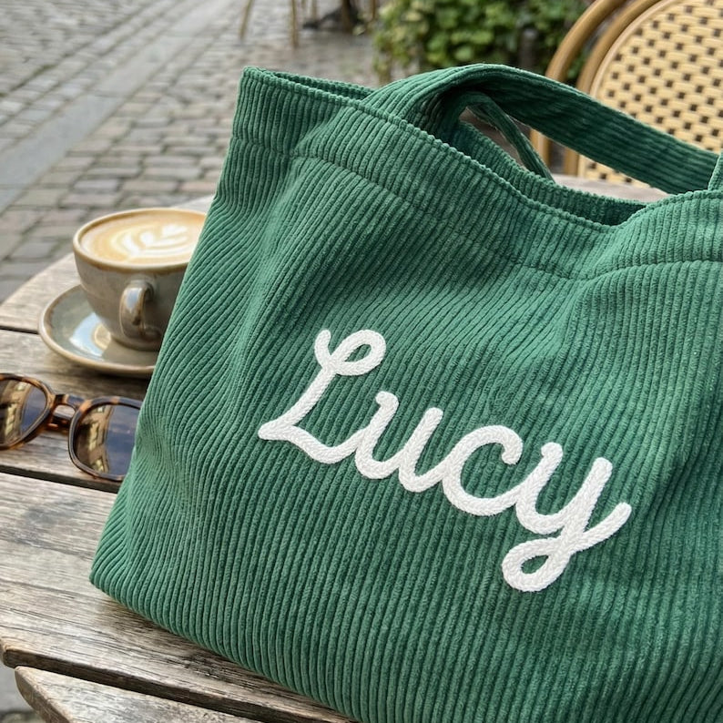 Personalized Corduroy Tote Bag, Custom Embroidered Name Shoulder Bag, Large 17¡± Everyday Shopper, Gift for Her