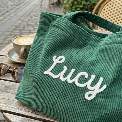 Personalized Corduroy Tote Bag, Custom Embroidered Name Shoulder Bag, Large 17¡± Everyday Shopper, Gift for Her