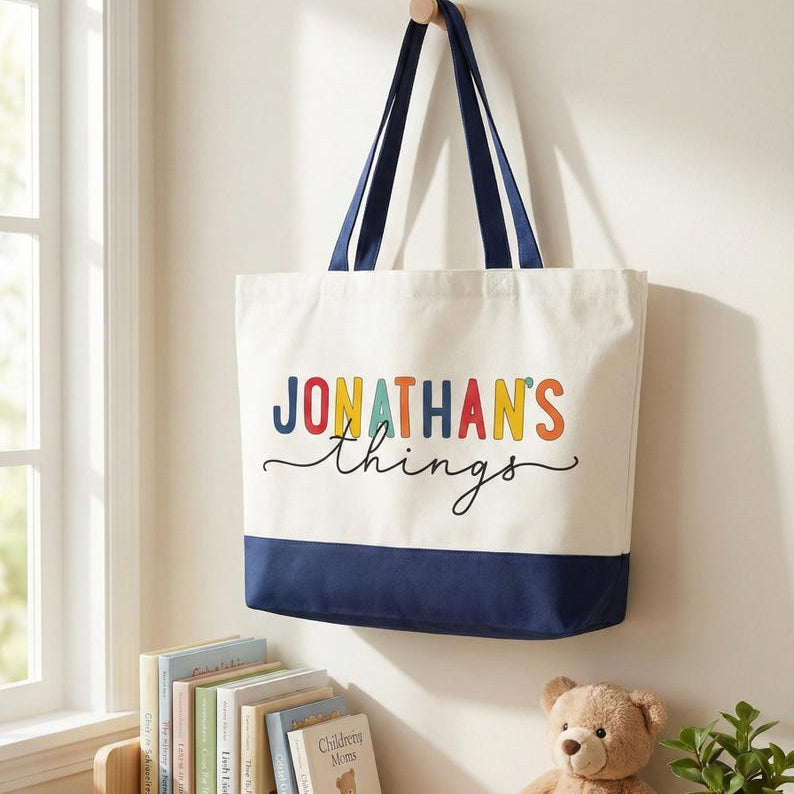 Personalized Canvas Tote Bag with Name, Toy Storage & Book Bag, Nursery Organizer, Toddler Gift, Easter Gifts