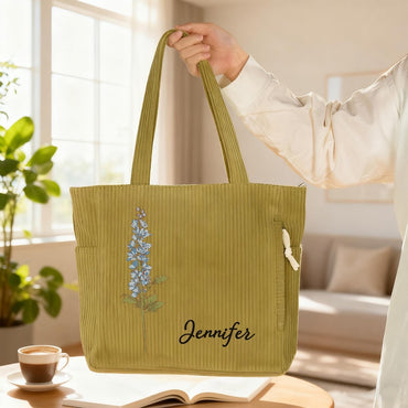 Personalized Name Birth Flower Corduroy Tote Bag, Large Capacity Zippered Commuter Handbag with Side Pockets, Birthday Gift