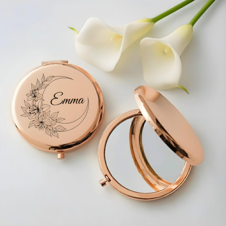 Custom Engraved Compact Travel Makeup Mirror ¨C Personalized Pocket Mirror with Name or Birth Flower Bridesmaid Proposal - Wedding Party Gift