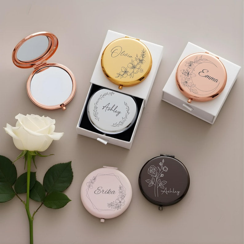 Custom Engraved Compact Travel Makeup Mirror ¨C Personalized Pocket Mirror with Name or Birth Flower Bridesmaid Proposal - Wedding Party Gift