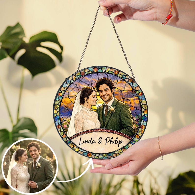 Custom Couples Portrait Stained Glass SunCatcher: Wedding Gift