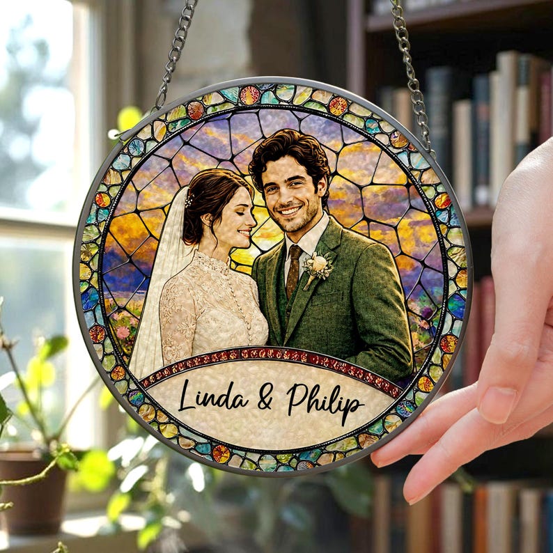Custom Couples Portrait Stained Glass SunCatcher: Wedding Gift