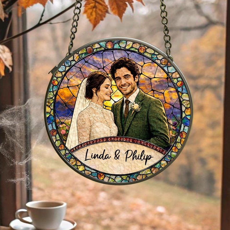 Custom Couples Portrait Stained Glass SunCatcher: Wedding Gift