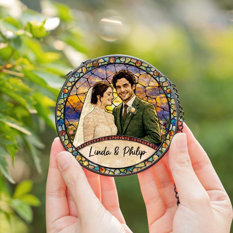 Custom Couples Portrait Stained Glass SunCatcher: Wedding Gift