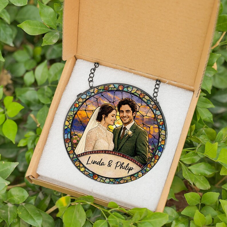 Custom Couples Portrait Stained Glass SunCatcher: Wedding Gift