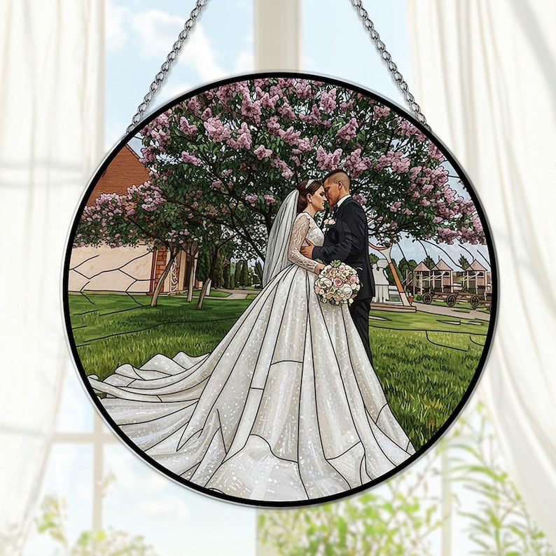 Personalized Couple Photo Stained Glass Suncatcher Wedding Portrait Window Hanging Gift