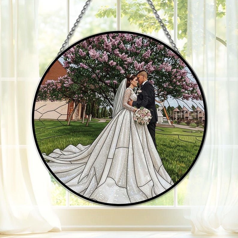 Personalized Couple Photo Stained Glass Suncatcher Wedding Portrait Window Hanging Gift
