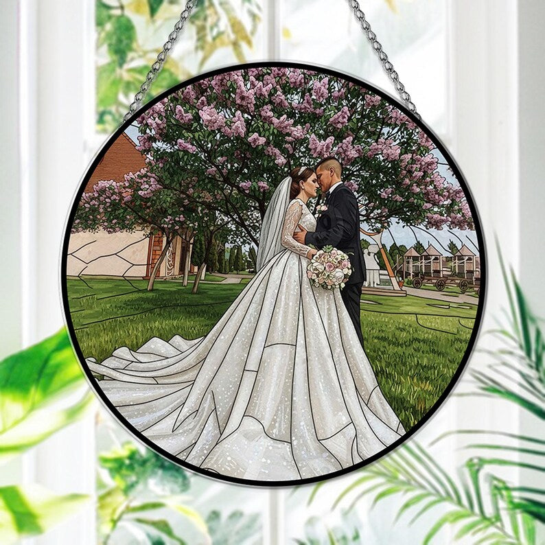 Personalized Couple Photo Stained Glass Suncatcher Wedding Portrait Window Hanging Gift
