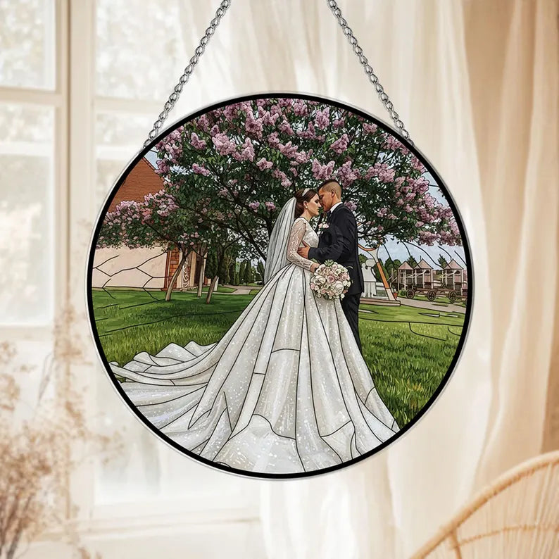Personalized Couple Photo Stained Glass Suncatcher Wedding Portrait Window Hanging Gift