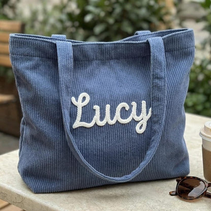 Personalized Corduroy Tote Bag, Custom Embroidered Name Shoulder Bag, Large 17¡± Everyday Shopper, Gift for Her
