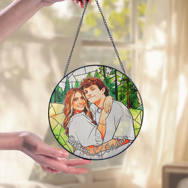 Personalized Couple Portrait Glass Ornament, Custom Couple Photo Suncatcher Window Hanging, Anniversary Gift, Valentine Couple, Wedding Gift