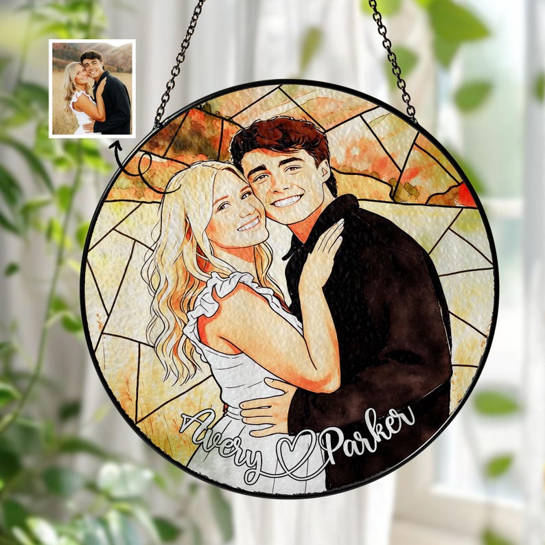 Personalized Couple Portrait Glass Ornament, Custom Couple Photo Suncatcher Window Hanging, Anniversary Gift, Valentine Couple, Wedding Gift