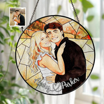 Personalized Couple Portrait Glass Ornament, Custom Couple Photo Suncatcher Window Hanging, Anniversary Gift, Valentine Couple, Wedding Gift