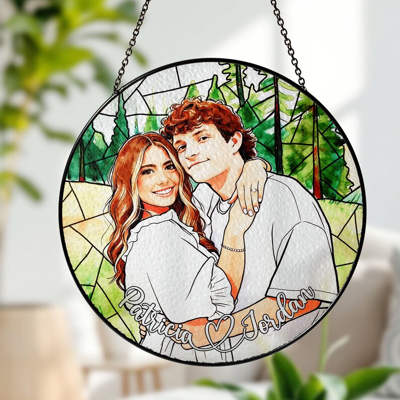 Personalized Couple Portrait Glass Ornament, Custom Couple Photo Suncatcher Window Hanging, Anniversary Gift, Valentine Couple, Wedding Gift