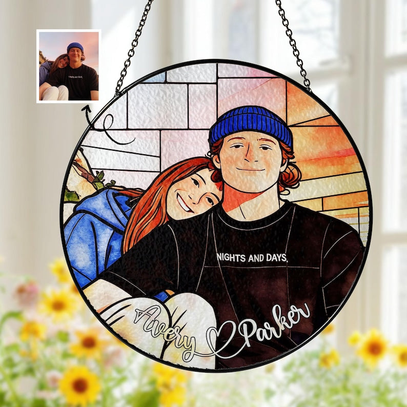 Personalized Couple Portrait Glass Ornament, Custom Couple Photo Suncatcher Window Hanging, Anniversary Gift, Valentine Couple, Wedding Gift
