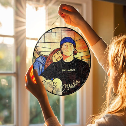 Personalized Couple Portrait Glass Ornament, Custom Couple Photo Suncatcher Window Hanging, Anniversary Gift, Valentine Couple, Wedding Gift