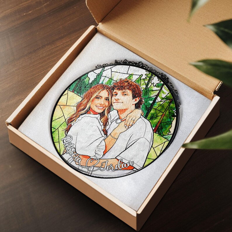 Personalized Couple Portrait Glass Ornament, Custom Couple Photo Suncatcher Window Hanging, Anniversary Gift, Valentine Couple, Wedding Gift
