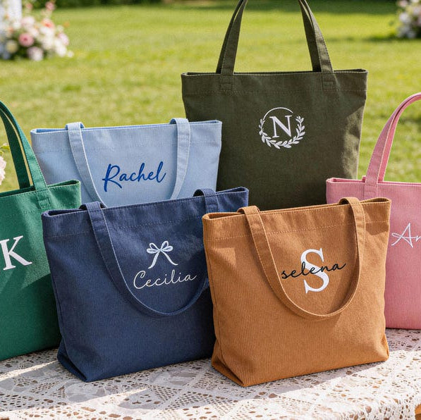 Personalized Embroidered Corduroy Tote,Bridesmaid Gift Bag,Custom Name Tote Bag with Zipper,Monogram Bag, Wedding Party Gifts,Shoulder Bag