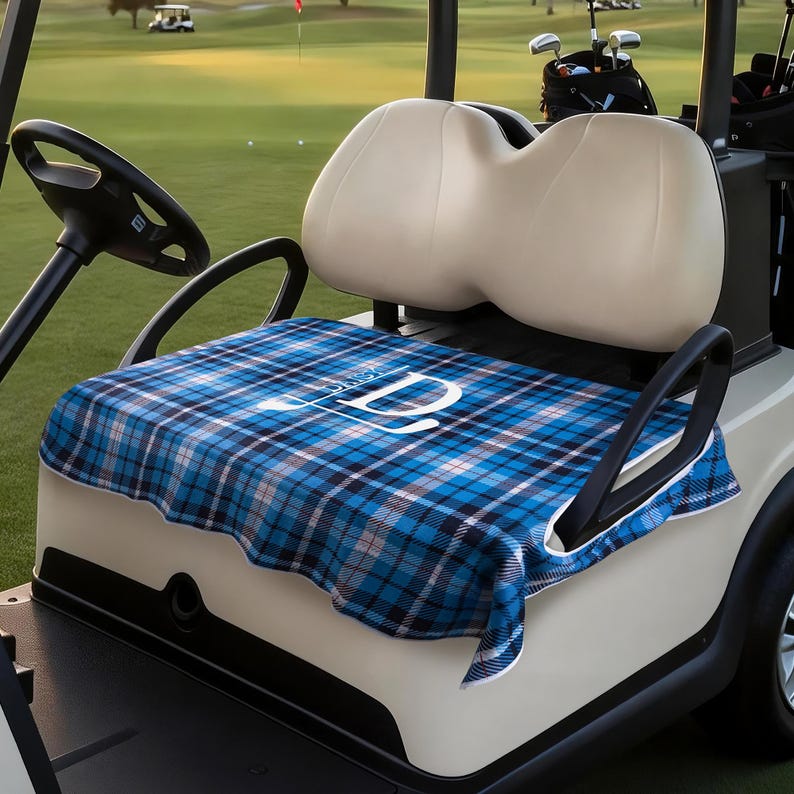 Personalized Golf Club Wreath Plaid Golf Cart Seat Cover with Name and Initial Golf Course Accessories Birthday Gift for Golfers