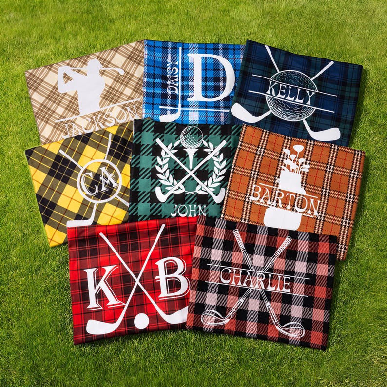 Personalized Golf Club Wreath Plaid Golf Cart Seat Cover with Name and Initial Golf Course Accessories Birthday Gift for Golfers