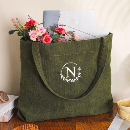 Personalized Embroidered Corduroy Tote,Bridesmaid Gift Bag,Custom Name Tote Bag with Zipper,Monogram Bag, Wedding Party Gifts,Shoulder Bag